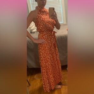 PRETTYGARDEN Womens Halter Neck Floral Backless Loose Ruffle Maxi Dress. Small